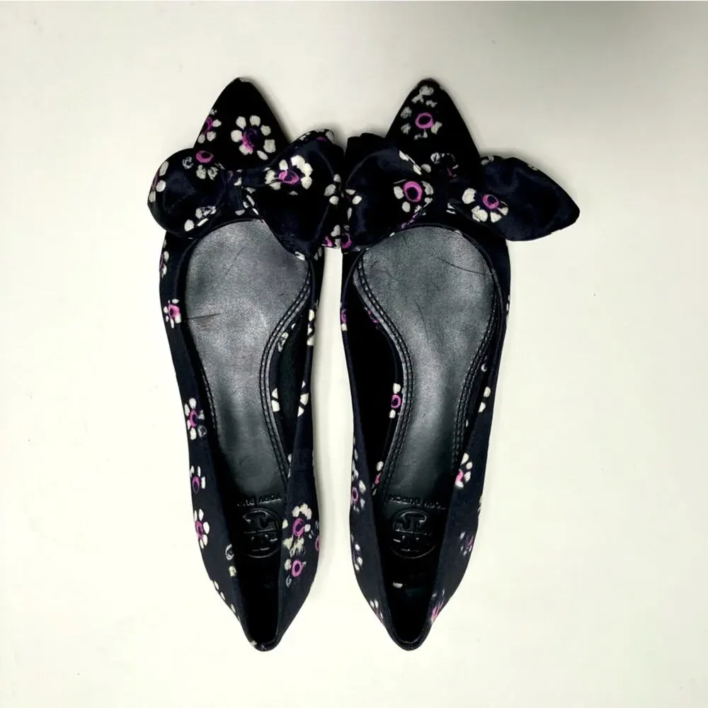 Tory‎ Burch Rosalind Black Floral Print Satin Ballet Flats size 5 slip on work